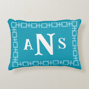Aqua Square Greek Key Monogram Decorative Cushion