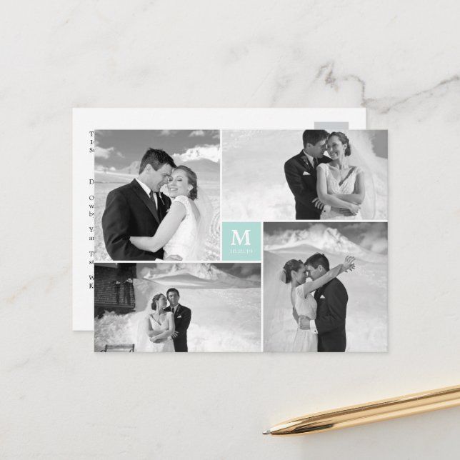 Aqua Square Monogram 4 Photo Wedding Thank You Postcard (Front/Back In Situ)