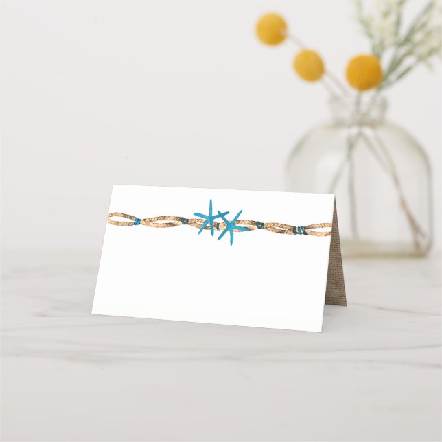 Aqua Starfish and Rope Wedding Place Card (Front)