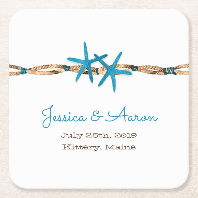 Aqua Starfish and Rope Wedding Square Paper Coaster (Front)