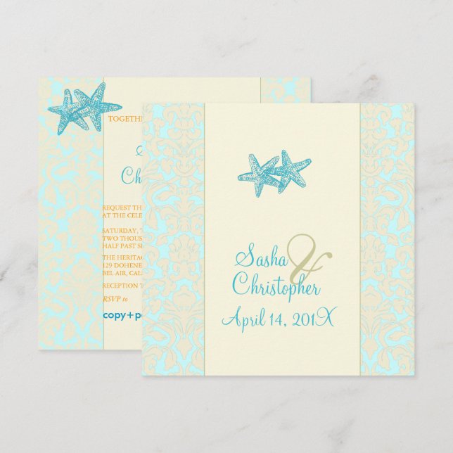 AQUA STARFISH+DAMASK WEDDING INVITATIONS (Front/Back)