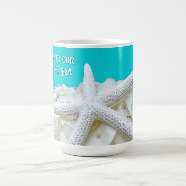 Aqua Starfish Floral Beach House Personalised Mug (Center)