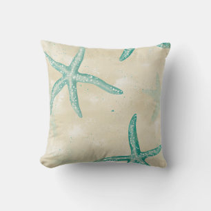 Aqua Starfish, Watercolor Beach Retro Vintage Sand Cushion