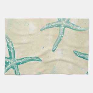 Aqua Starfish, Watercolor Beach Retro Vintage Sand Tea Towel