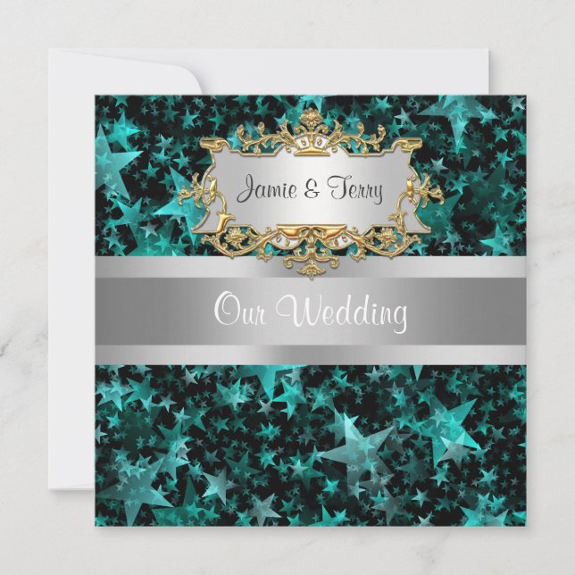 Aqua Stars Grey Ribbon  Wedding Invitation (Front)