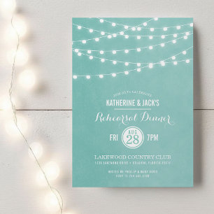 Aqua String Lights Rehearsal Dinner Invitation