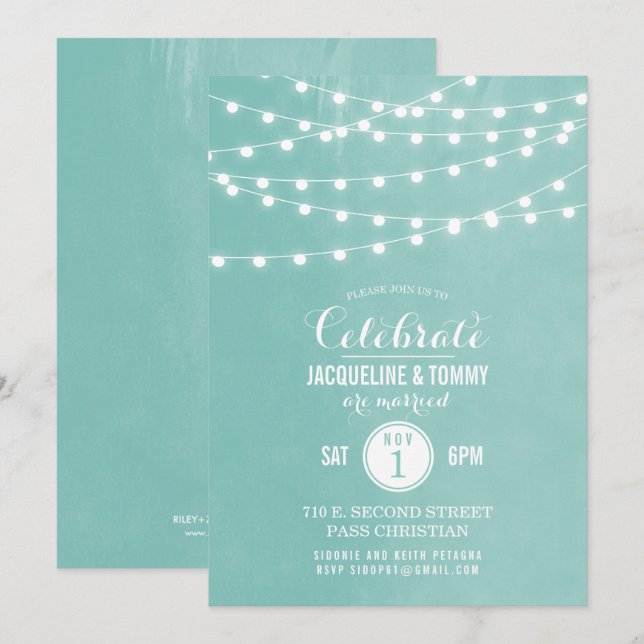 Aqua String Lights Wedding Celebration Invitation (Front/Back)