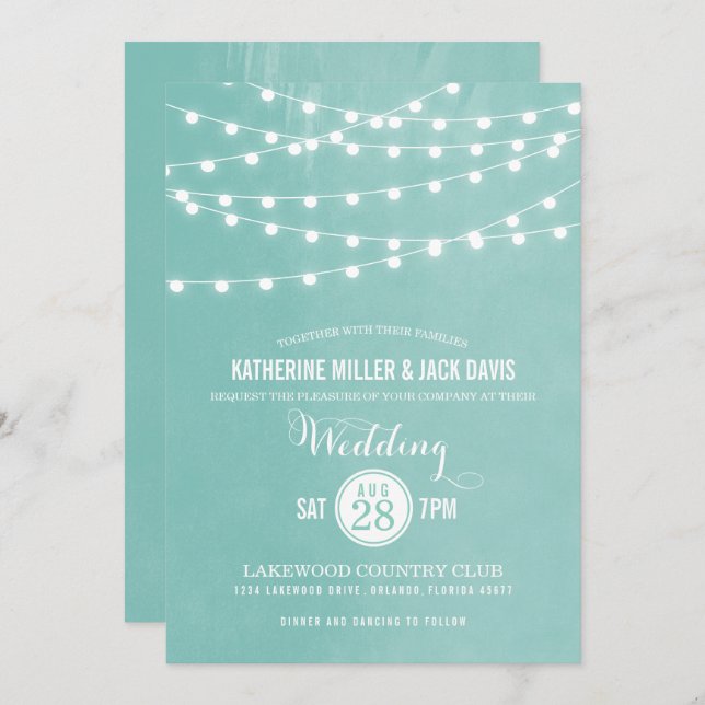 Aqua String Lights Wedding Invitation (Front/Back)