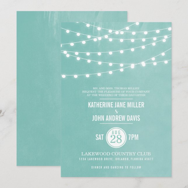 Aqua String Lights Wedding Invitation (Front/Back)