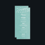 Aqua String Lights Wedding Menu Card<br><div class="desc">Chic modern summer wedding menu card design with simple elegant glowing string lights hanging across the top and a classy mix of modern and calligraphy script fonts on a printed faux watercolor texture background. A simple and stylish preppy design, perfect for summer! Click the CUSTOMIZE IT button to customise fonts,...</div>