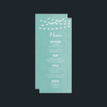 Aqua String Lights Wedding Menu Card<br><div class="desc">Chic modern summer wedding menu card design with simple elegant glowing string lights hanging across the top and a classy mix of modern and calligraphy script fonts on a printed faux watercolor texture background. A simple and stylish preppy design, perfect for summer! Click the CUSTOMIZE IT button to customise fonts,...</div>