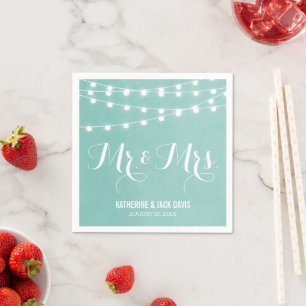 Aqua String Lights Wedding Monogram Napkin