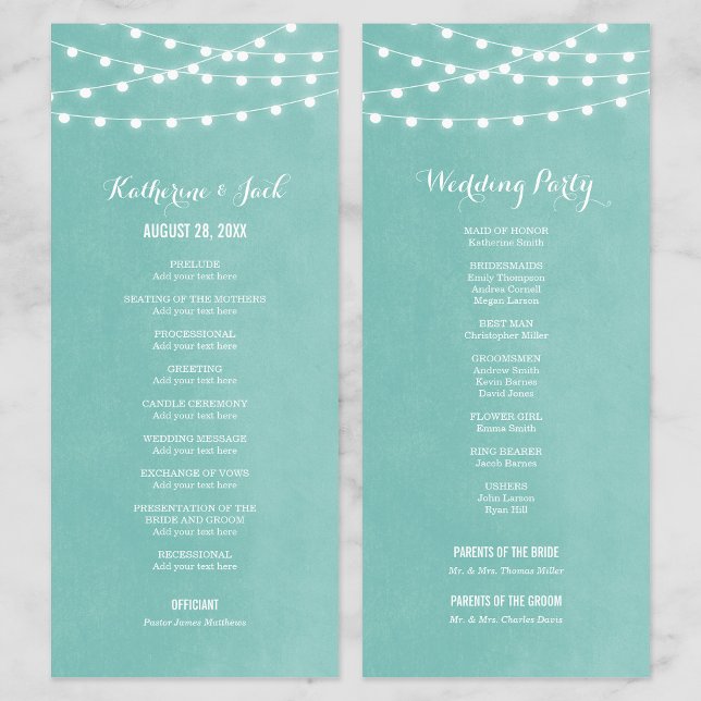 Aqua String Lights Wedding Program Programme (Creator Uploaded)