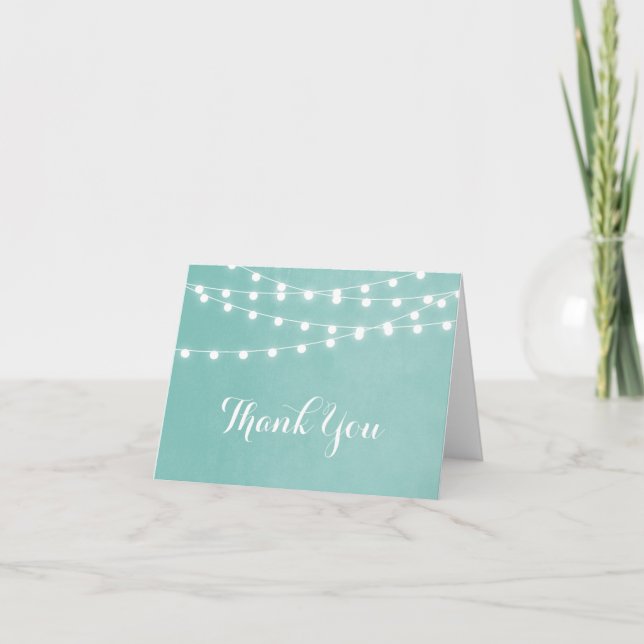 Aqua String Lights Wedding Thank You Card (Front)