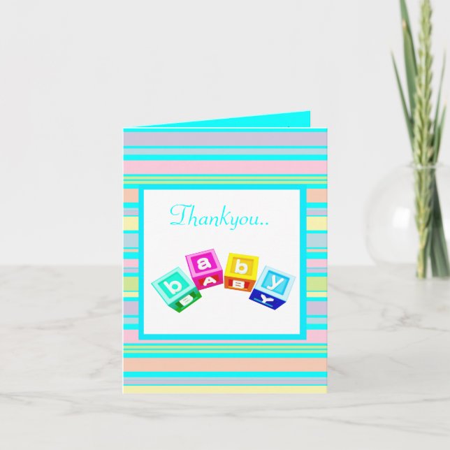 AQUA STRIPE BABY BLOCKS THANK YOU CARD (Front)