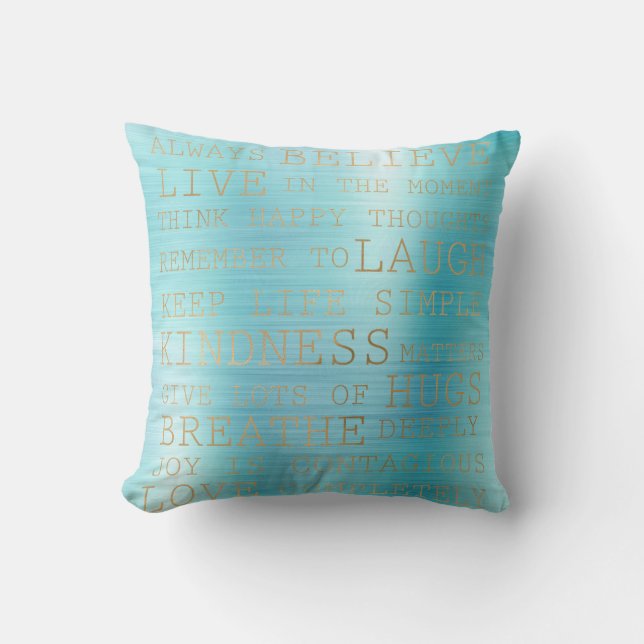 Aqua Stripe Inspirational Gold Quotes Cushion (Front)