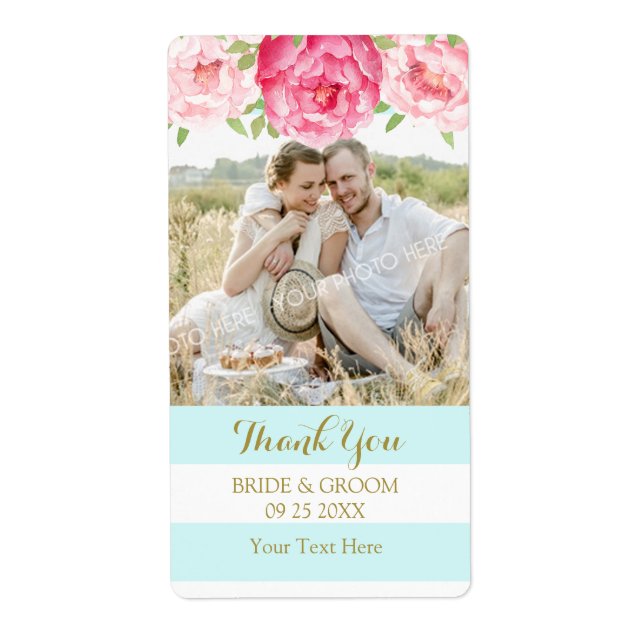 Aqua Stripe Watercolor Floral Photo Wedding Labels (Front)