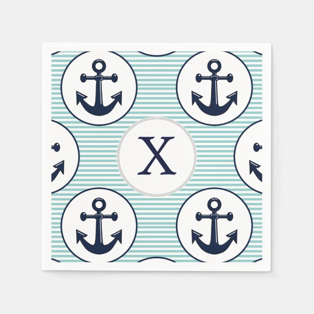 aqua stripes , blue anchor nautical pattern napkin (Front)