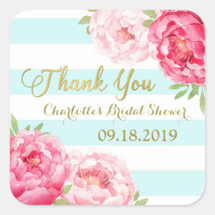 Aqua Stripes Gold Pink Floral Bridal Shower Square Sticker