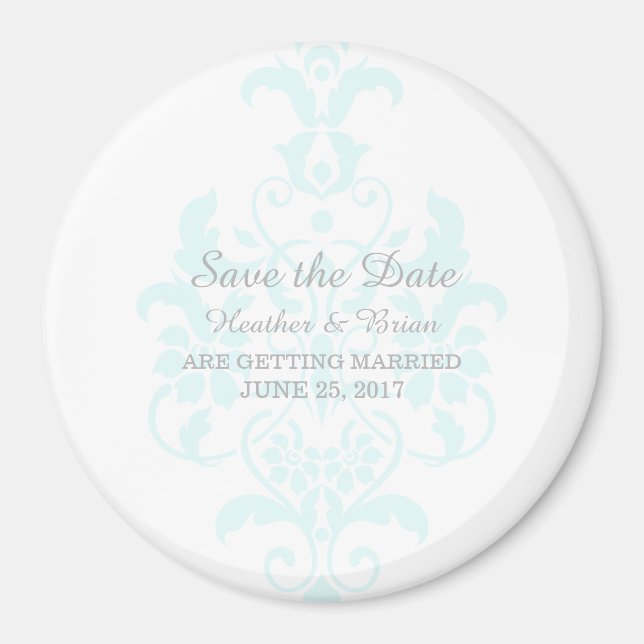Aqua Subtle Damask Save the Date Magnet (Front)
