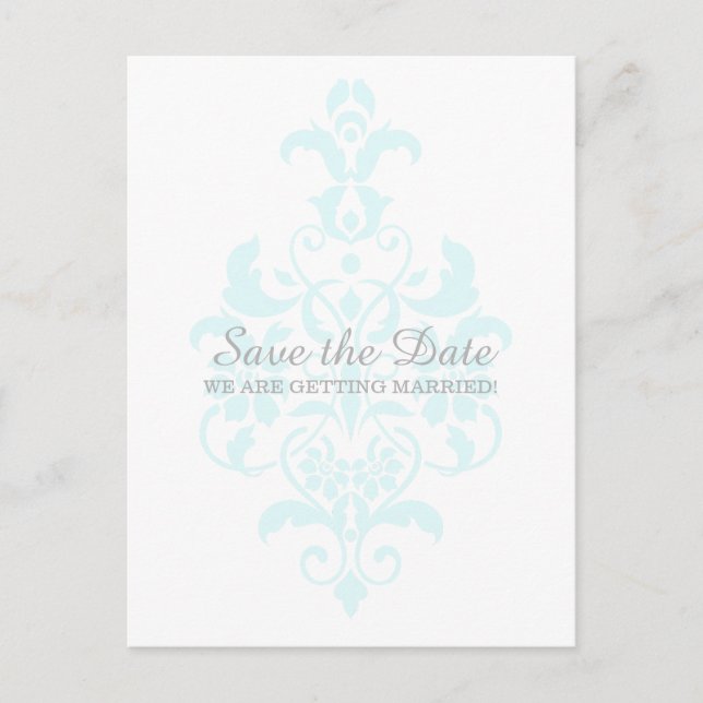 Aqua Subtle Damask Save the Date Postcard (Front)