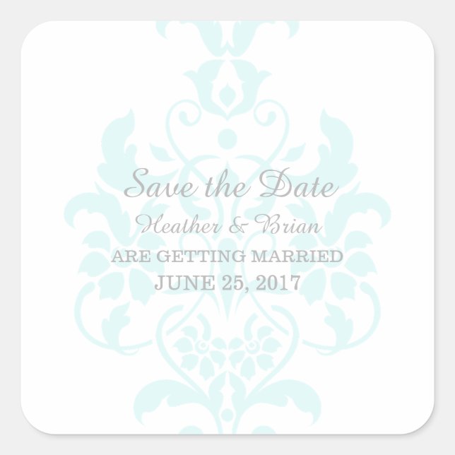 Aqua Subtle Damask Save the Date Stickers (Front)
