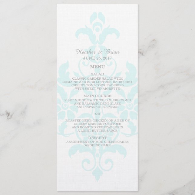 Aqua Subtle Damask Wedding Menu (Front)