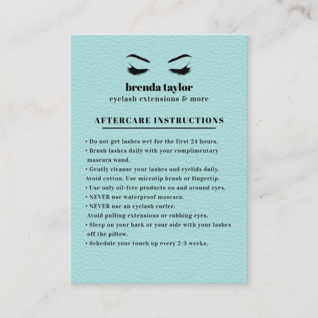 AQUA Suede Eyelash Browbar Aftercare Instructions Business Card (Front)