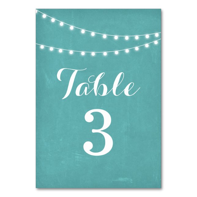 Aqua Summer String Light Wedding Table Numbers (Front)