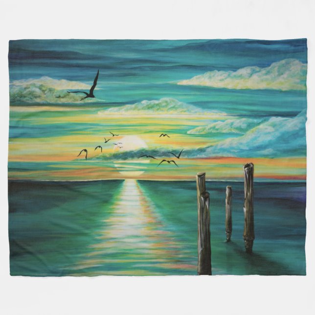 Aqua Sunset fleece throw blanket (Front (Horizontal))