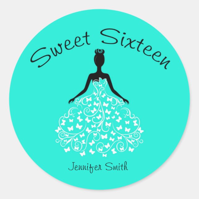 Aqua Sweet Sixteen Butterfly Gown Envelope Seals (Front)