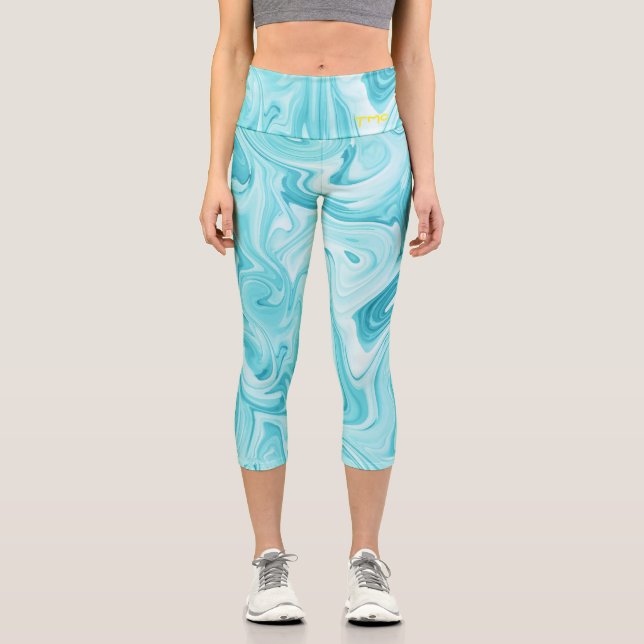 Aqua Swirls INITIALS Ocean Water Beach Fun Capri Leggings (Front)