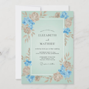 Aqua Tan Blossom Wedding Invitation
