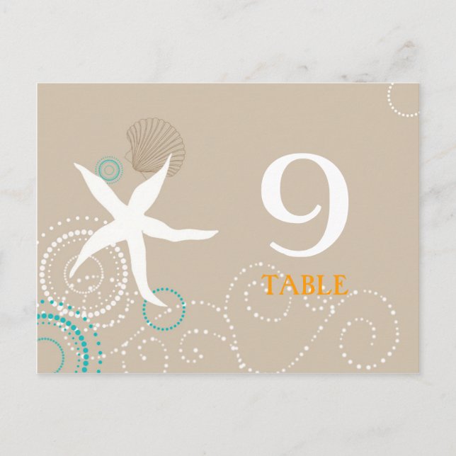 Aqua Tan White Beach Wedding Table Numbers Postcard (Front)