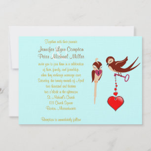 Aqua, Taupe, Lovebirds Heart Wedding Invitation