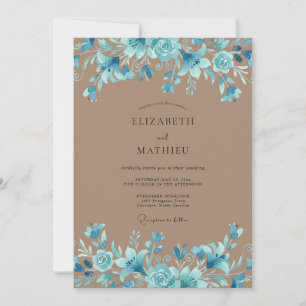 Aqua Taupe Petal Wedding Invitation
