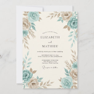 Aqua Taupe Rose Wedding Invitation