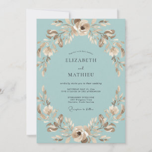Aqua Taupe Wreath Wedding Invitation