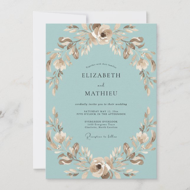 Aqua Taupe Wreath Wedding Invitation (Front)