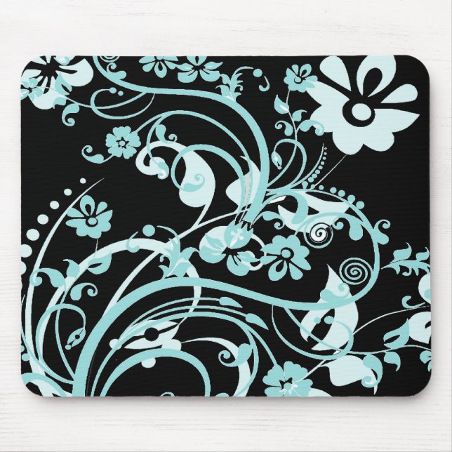 Aqua Teal and Black Floral Swirls Gifts for Girls Mouse Mat (Front)