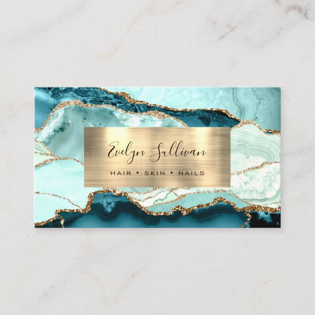 Aqua Teal and Gold Agate Business Card (Front)