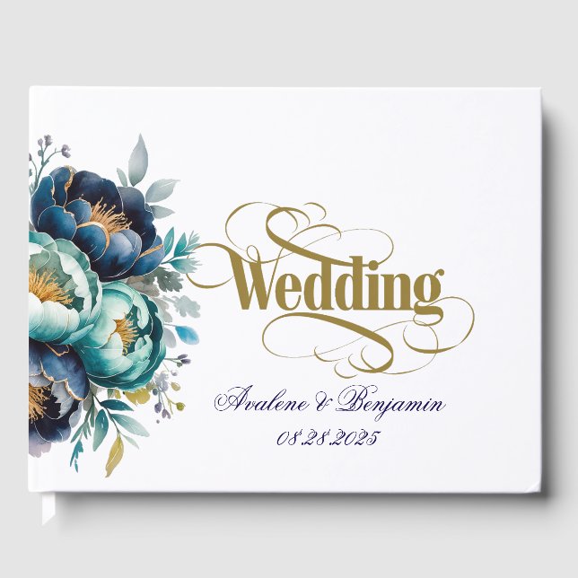 Aqua Teal and Navy Peony Bouquet Wedding Guest Book (Front)