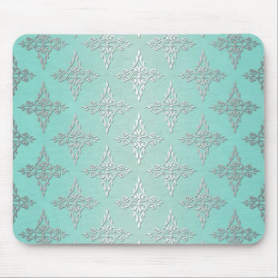 Aqua Teal and Silvery White Damask Pattern Mouse Mat