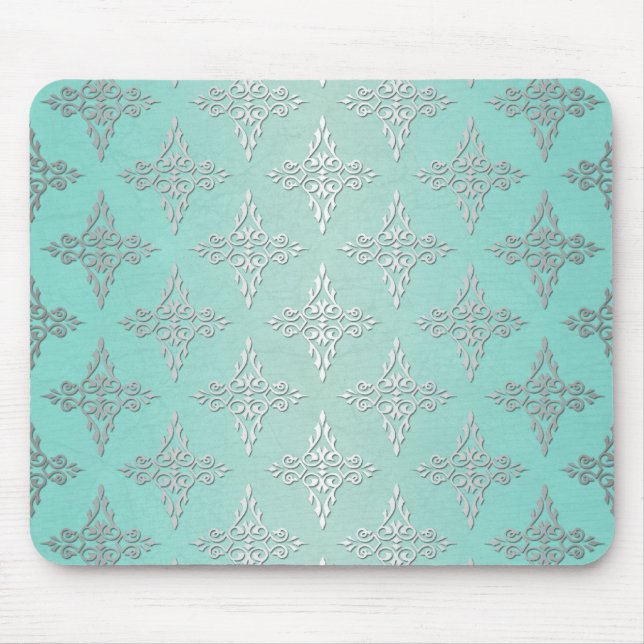 Aqua Teal and Silvery White Damask Pattern Mouse Mat (Front)