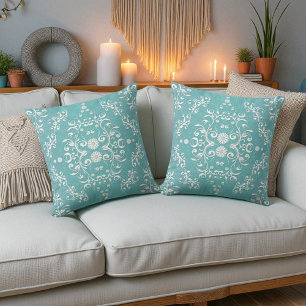 Aqua Teal and White Floral Damask Cushion