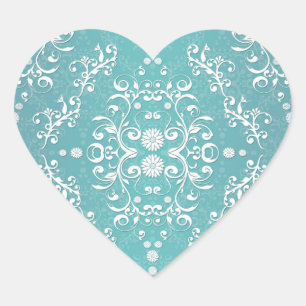 Aqua Teal and White Floral Damask Heart Sticker
