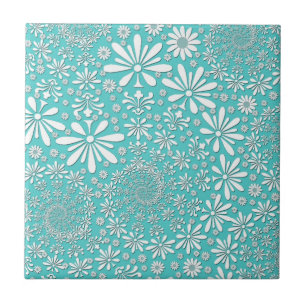 Aqua Teal and White Spring Flowers Pattern Tile