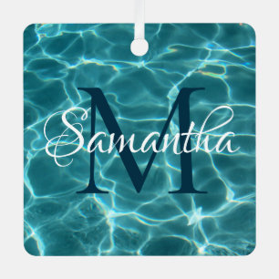 Aqua Teal and White Swimming Pool Photo Monogram Metal Tree Decoration