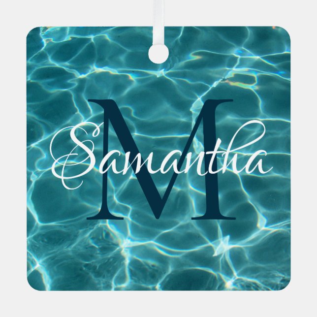 Aqua Teal and White Swimming Pool Photo Monogram Metal Tree Decoration (Front)