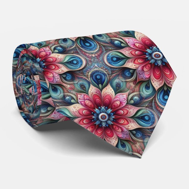 Aqua Teal Azure Blue Beige Paisley Art Pattern Tie (Rolled)